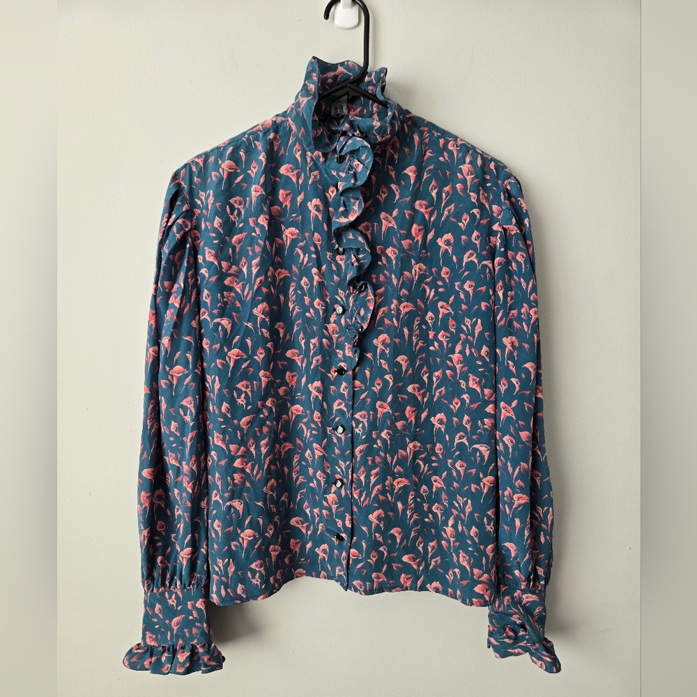 Vintage Emanuel Ungaro Silk Victorian Floral High Neck Ruffle Blouse - Picture 2 of 7